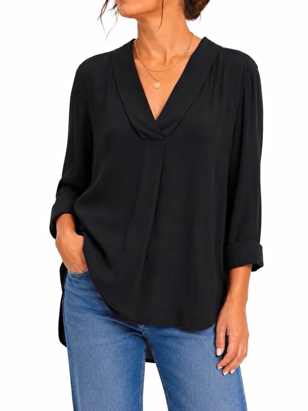 Vince Women 12 Black Deep V Neck Tunic Blouse 100% Rayon Longline Quiet Luxury